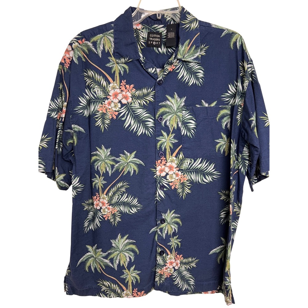 Cotton Traders Sport Shirt Mens Large Blue Tropical Palm Hawaiian CB-P25 G04